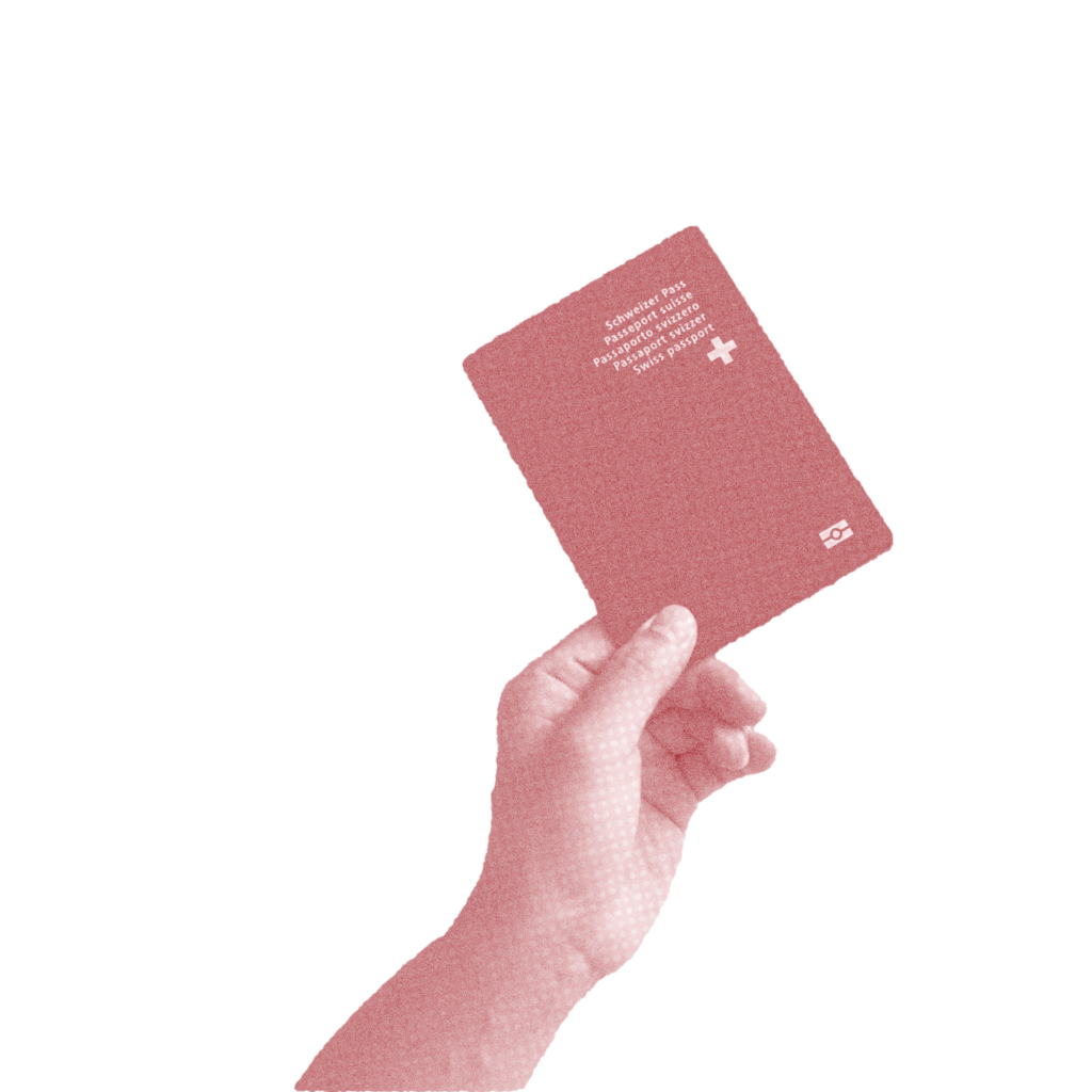 Arm holding a Swiss passport with a red texture overlay