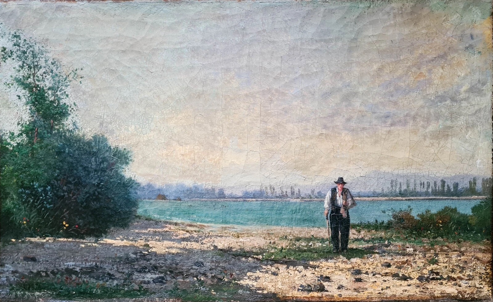 Picture of a painting showing a man walking on a lake's shore