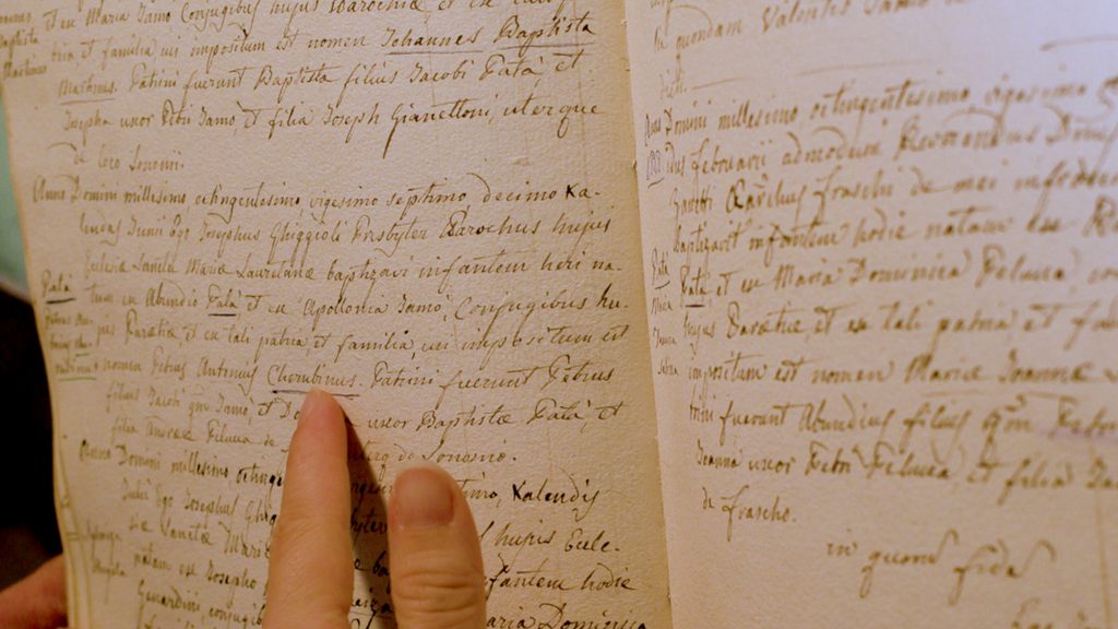 Page of church records in Sonogno attesting the baptism of Cherubino Patà in 1827.